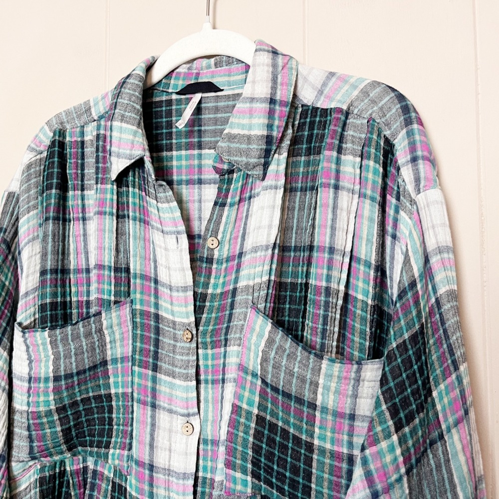 Free People Voyage Shirt Dress Small Plaid Oversized Cotton Gauze Tunic Top - Picture 5 of 13